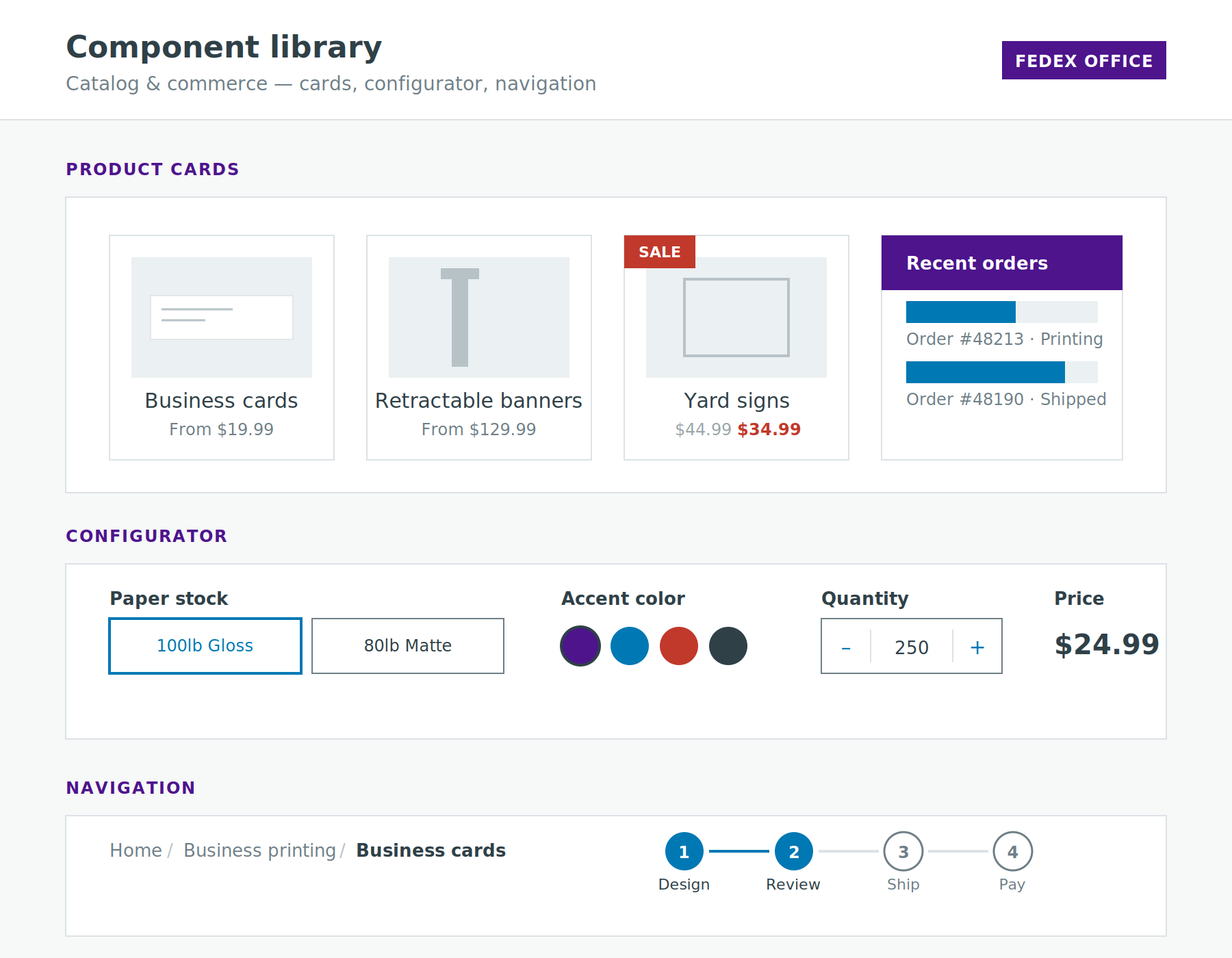 Component library documentation showing product cards, a configurator, and breadcrumb navigation