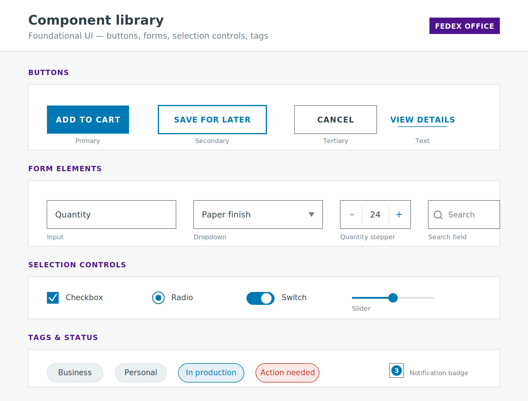 Component library documentation showing buttons, form elements, selection controls, and tags