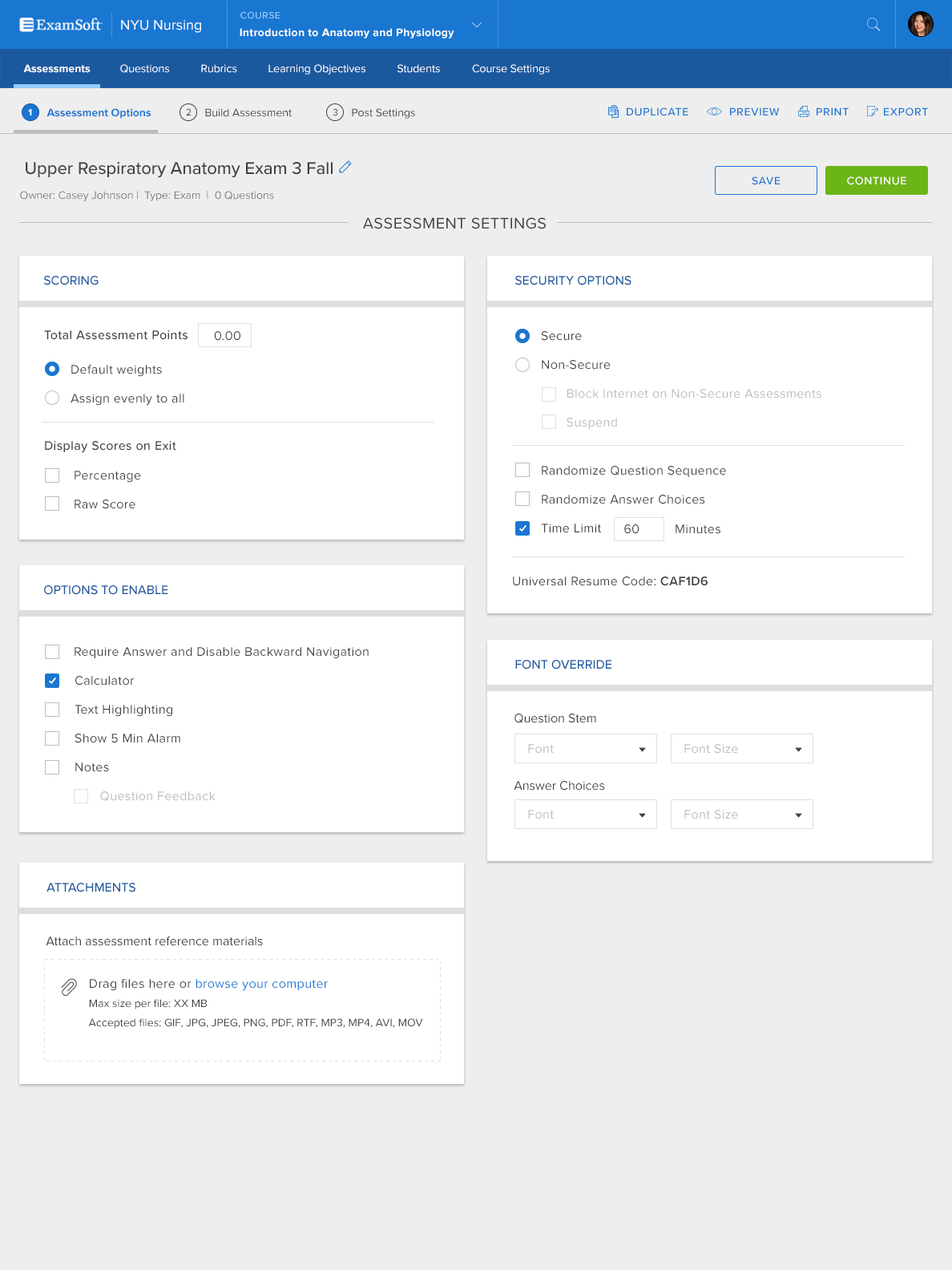 The assessment options step of the exam builder, showing scoring rules, security options, enabled features, and font-override settings