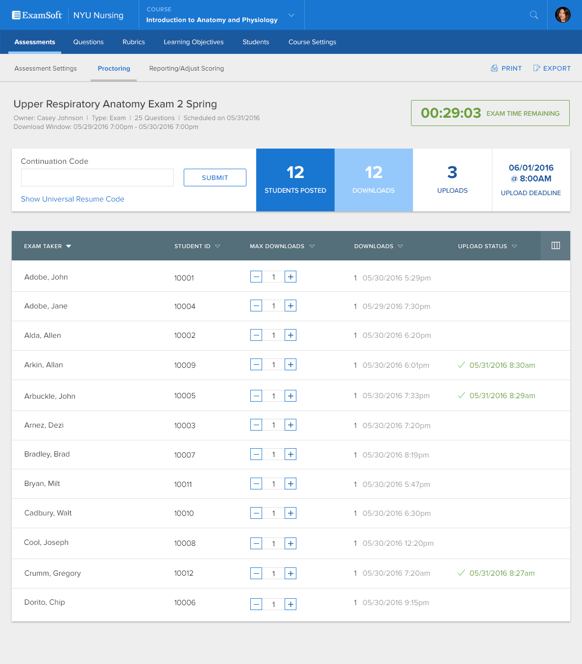 A live proctoring view showing exam time remaining, per-student download and upload status, and a continuation-code field