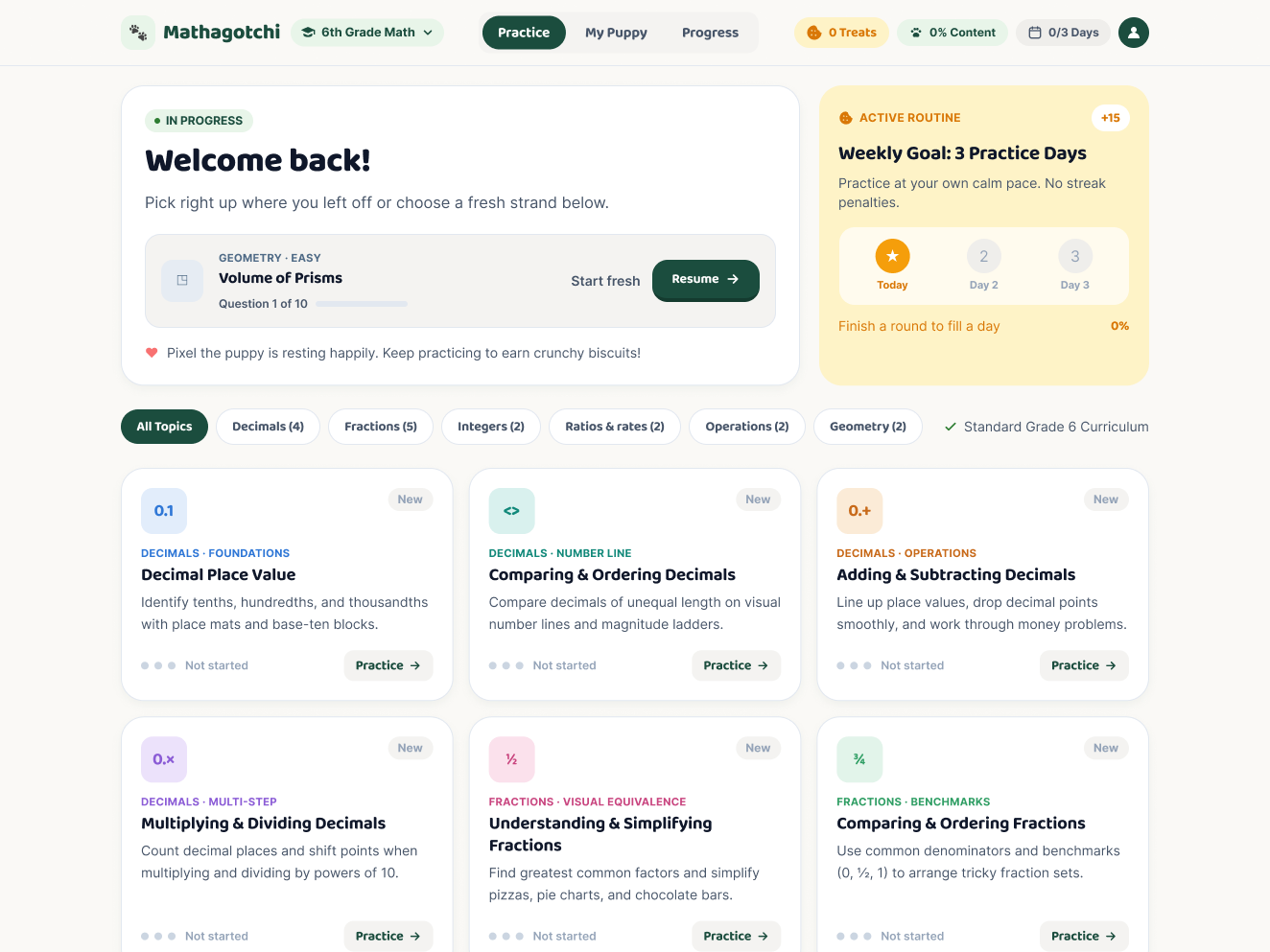 The Practice Hub screen: a "Welcome back" resume card for an in-progress round, a weekly goal tracker with a day-by-day streak-free progress ring, and a grid of topic cards filterable by strand (Decimals, Fractions, Integers, Ratios & Rates, Operations, Geometry)