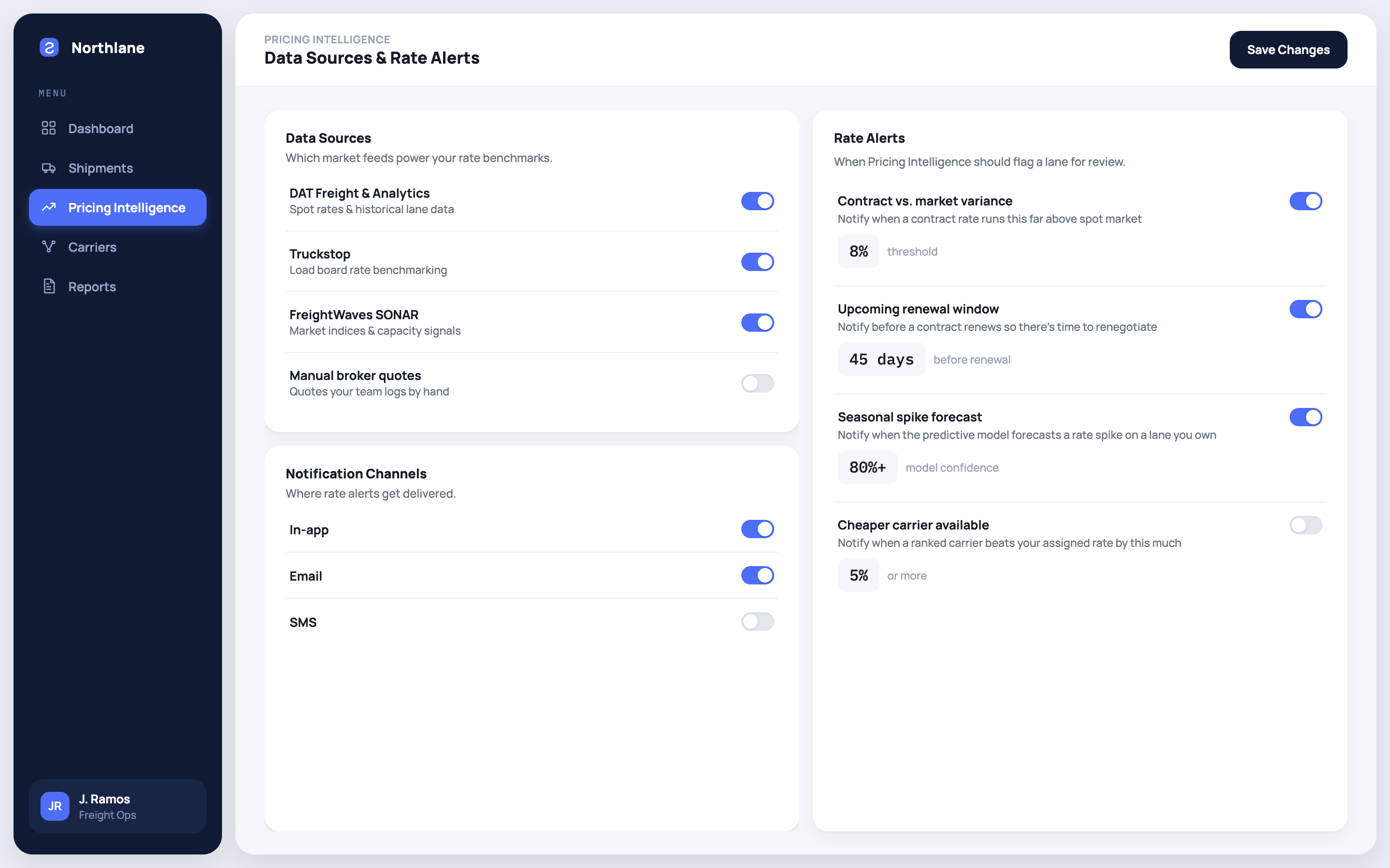 Data Sources and Rate Alerts settings screen, configuring which market feeds power rate benchmarks and what should trigger a review