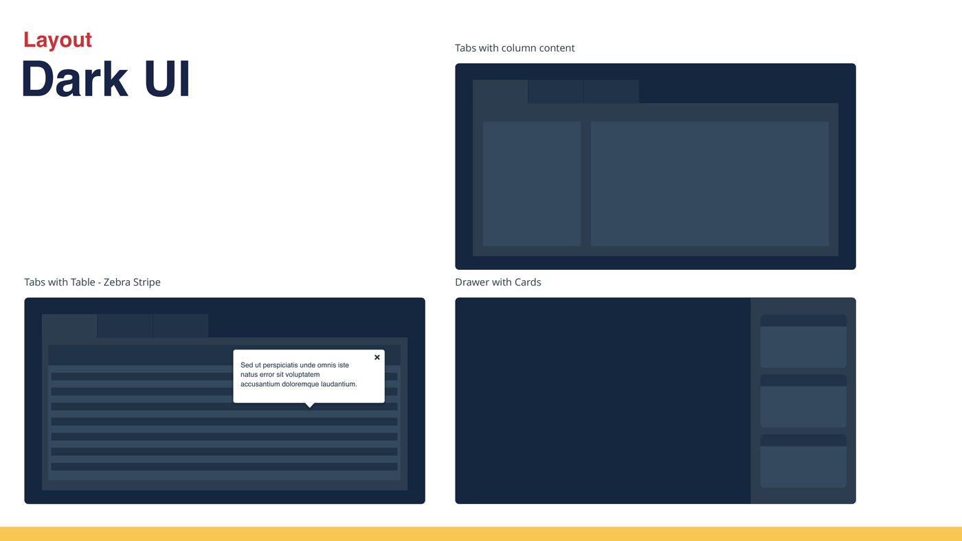 Dark UI layout examples: tabs with column content, tabs with table and zebra striping, and a drawer with cards