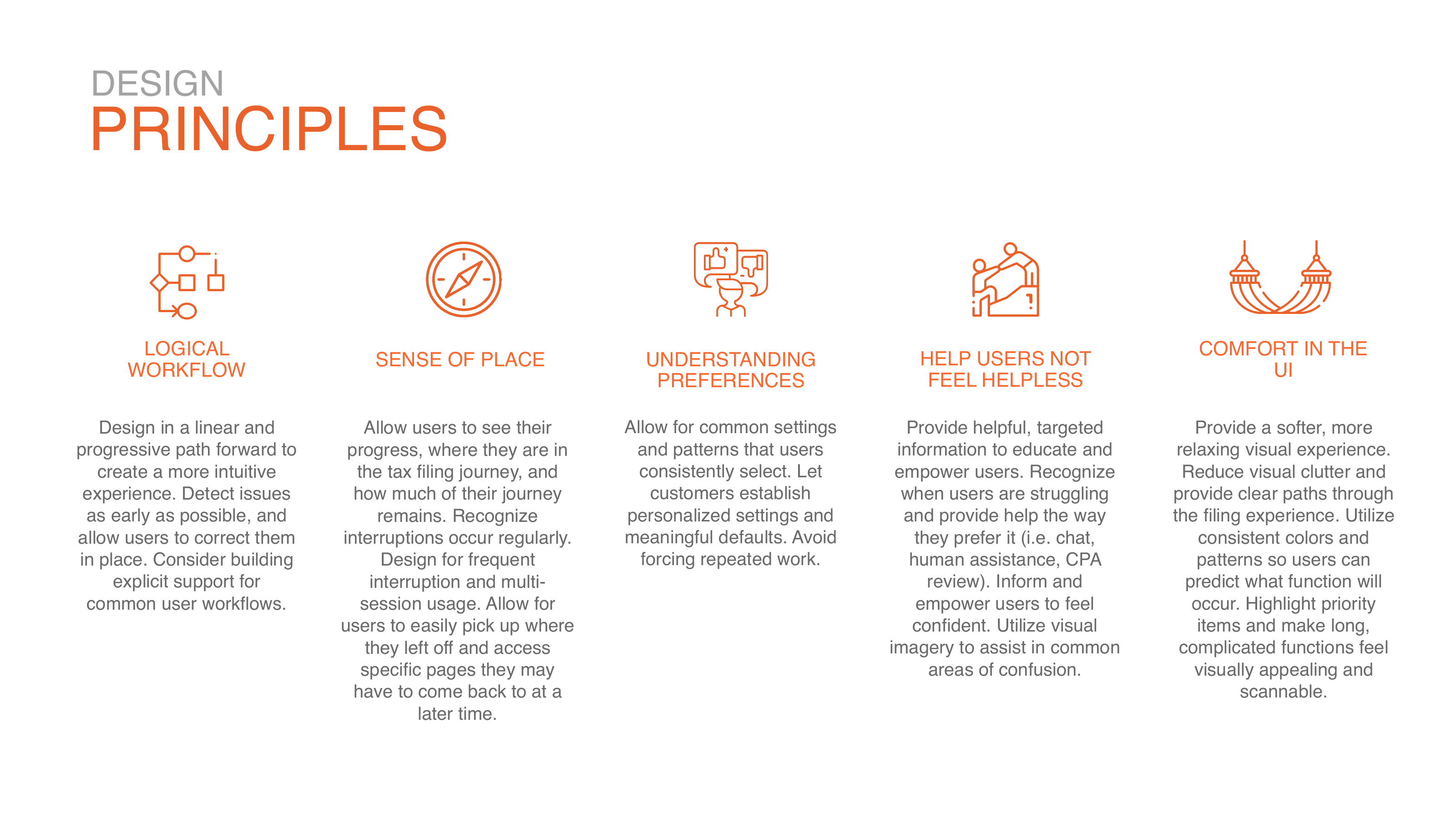 Design principles 6 through 10: Logical Workflow, Sense of Place, Understanding Preferences, Help Users Not Feel Helpless, Comfort in the UI