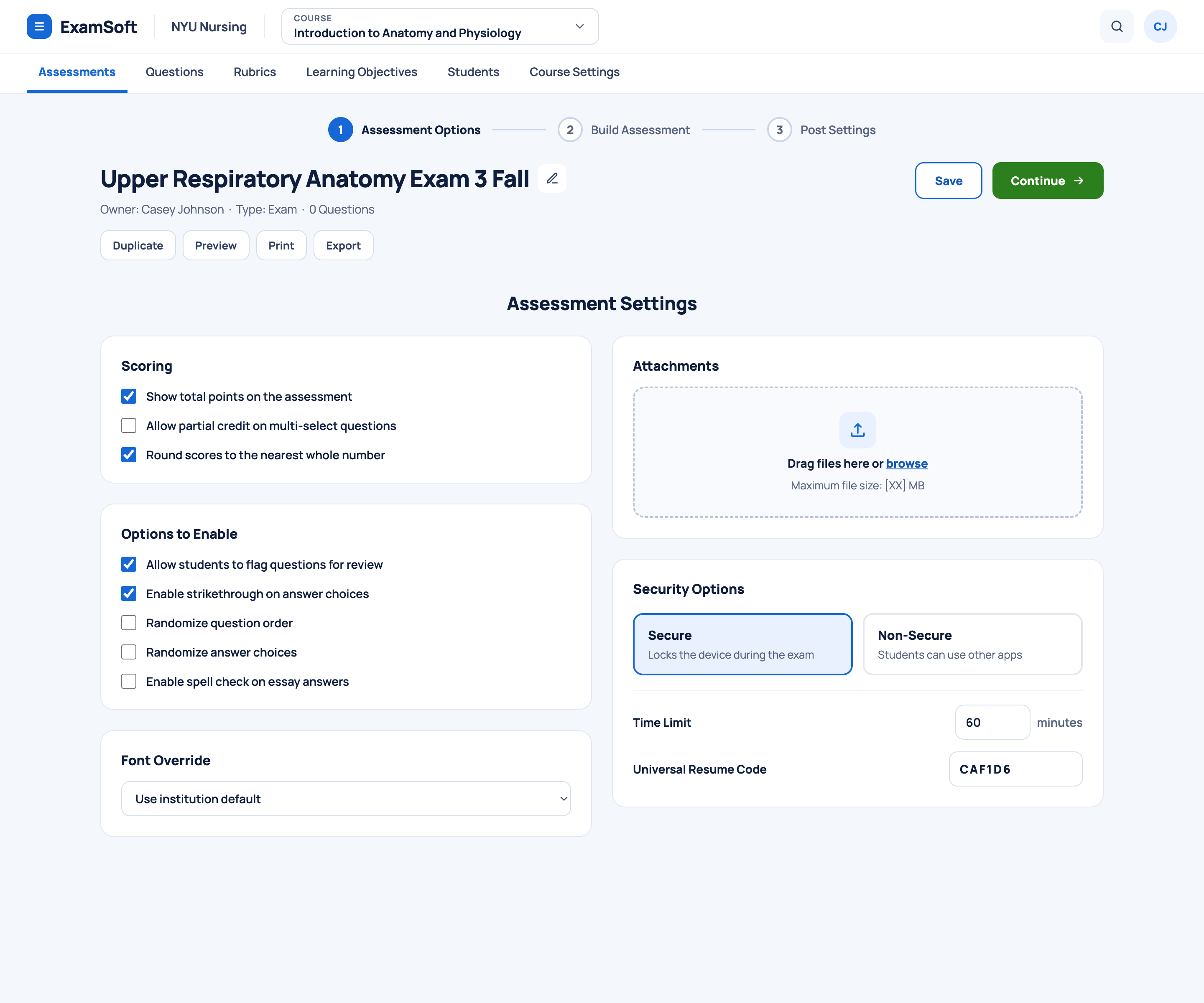 The assessment options step for building Upper Respiratory Anatomy Exam 3, showing scoring rules, options to enable, security settings, and a time limit and universal resume code