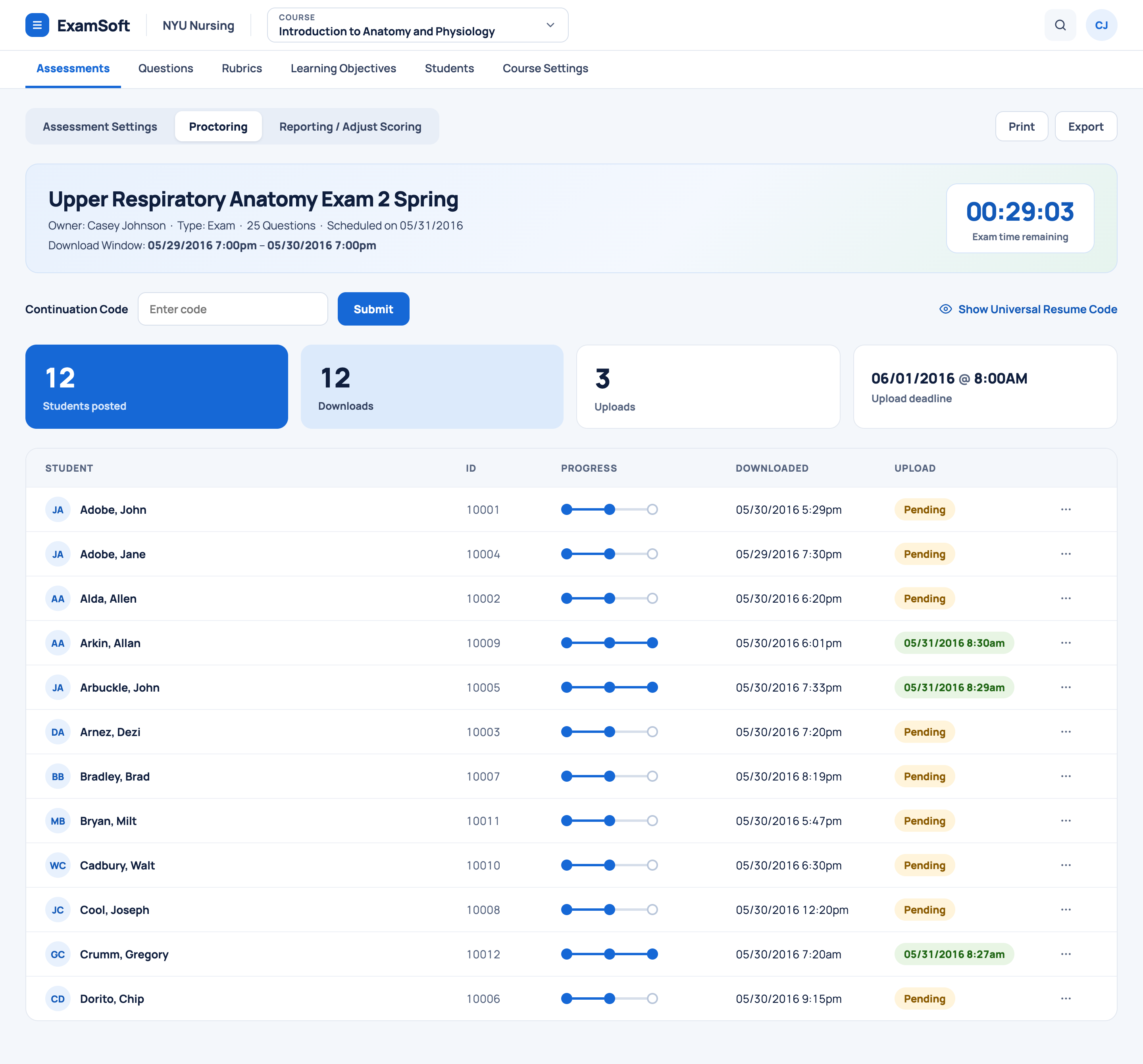A live proctoring view for Upper Respiratory Anatomy Exam 2, showing exam time remaining, a continuation-code field, and per-student download and upload status for 12 students