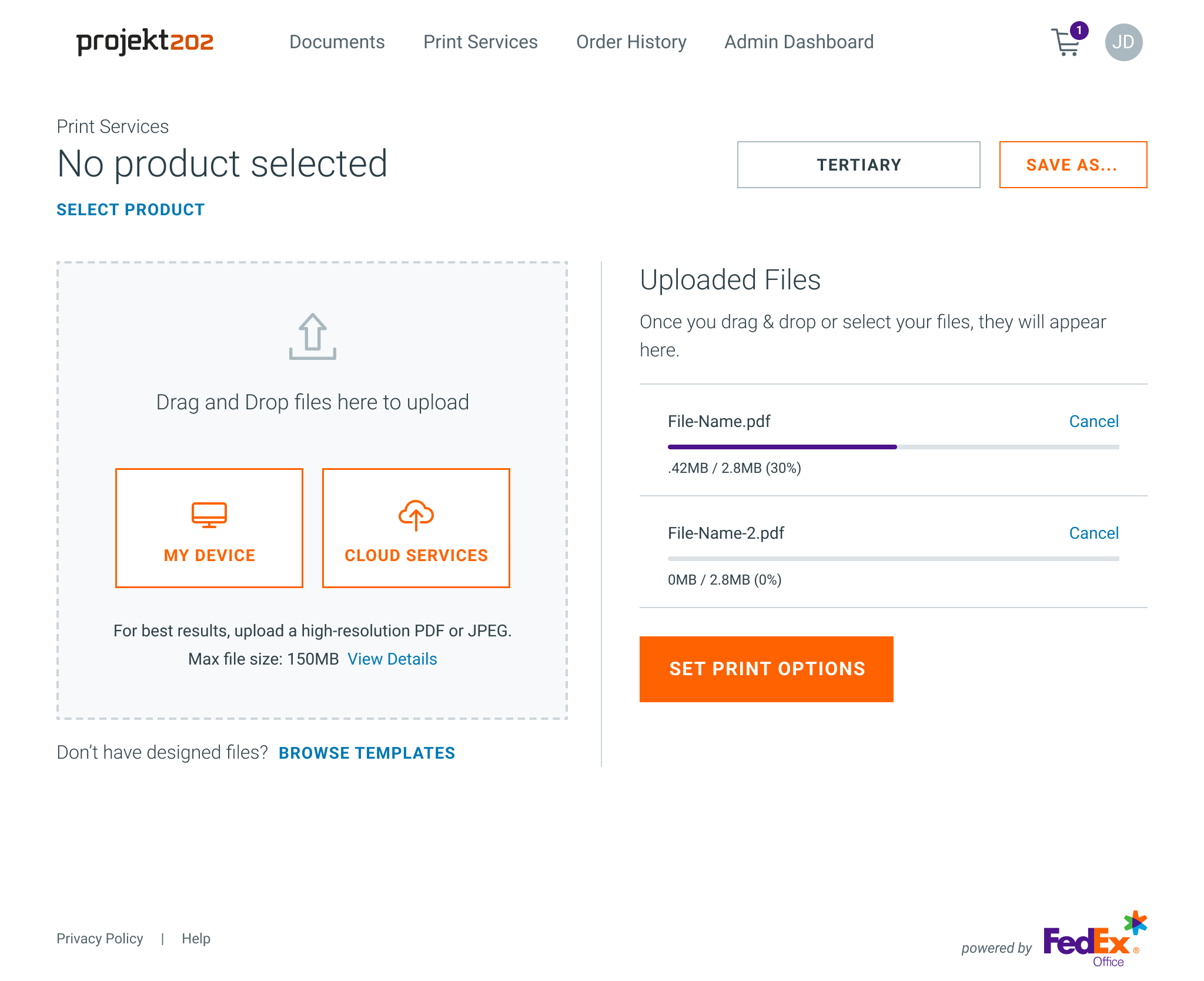 FedEx Office print ordering screen showing file upload, uploaded files list, and Admin Dashboard in the navigation
