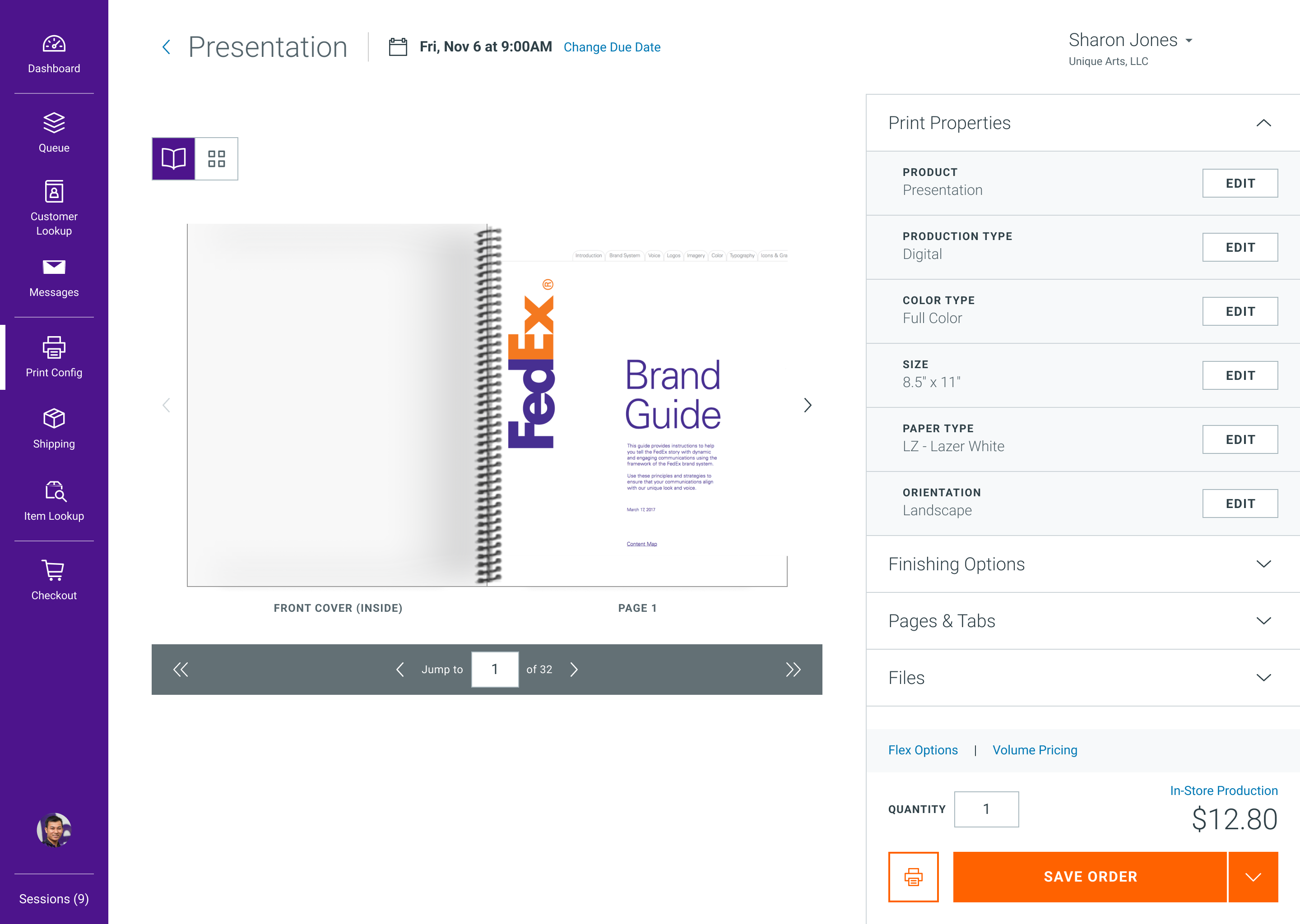 Print job screen with a pinned account switcher and session list fixed to the bottom of the left navigation