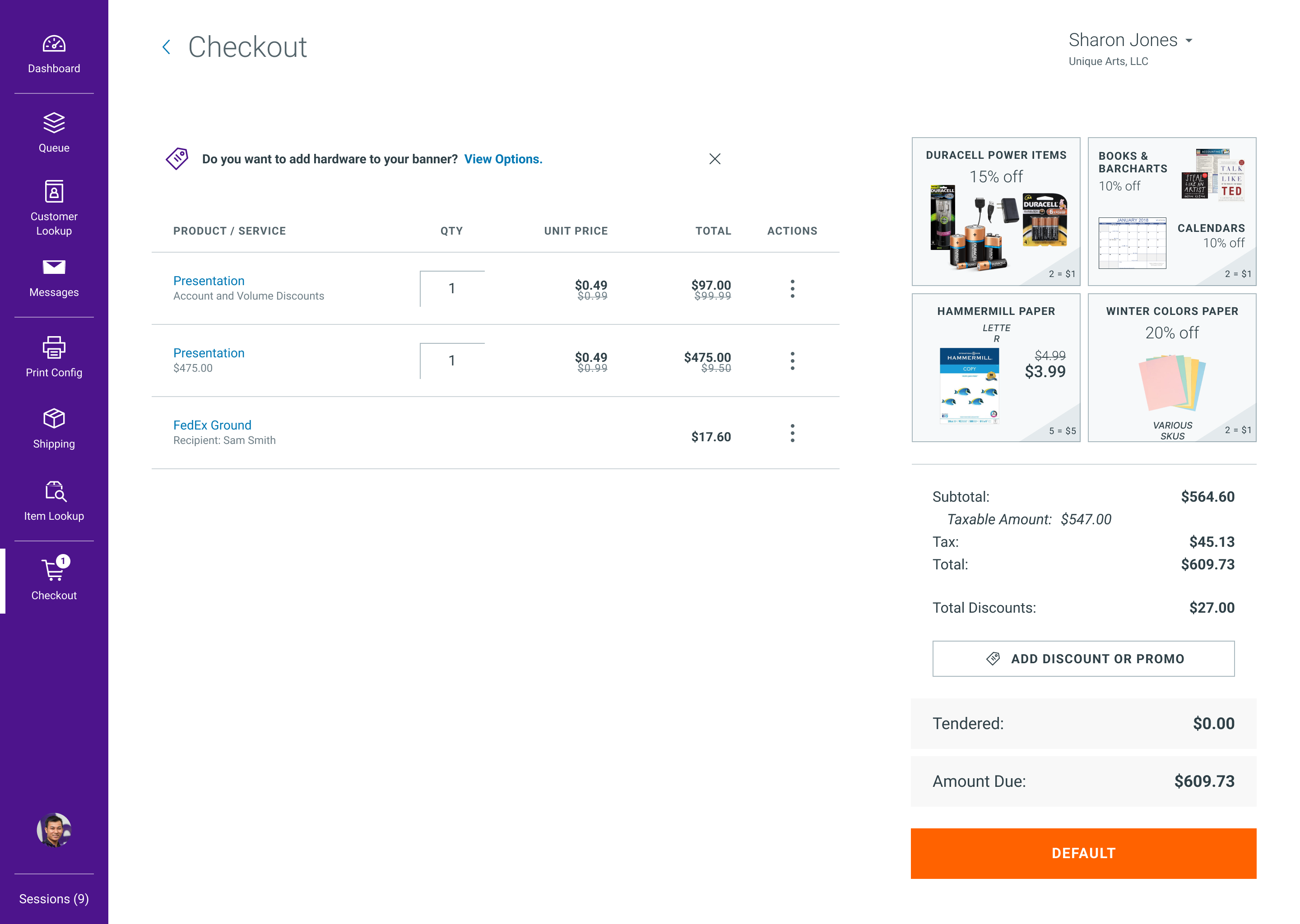 Checkout screen showing line items, cross-sell products, subtotal, tax, and total due