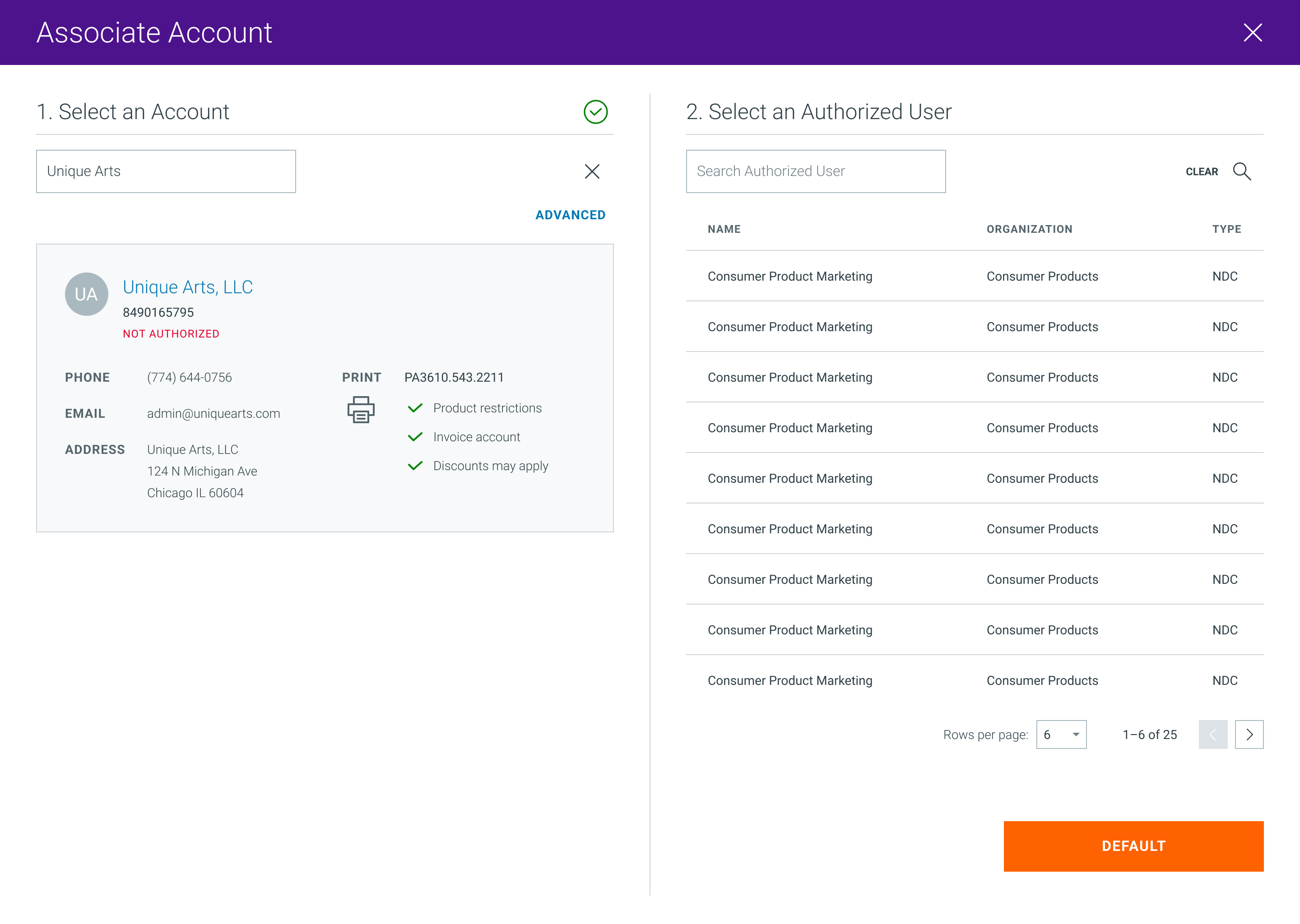 Full-width account association modal for selecting a commercial account and an authorized user