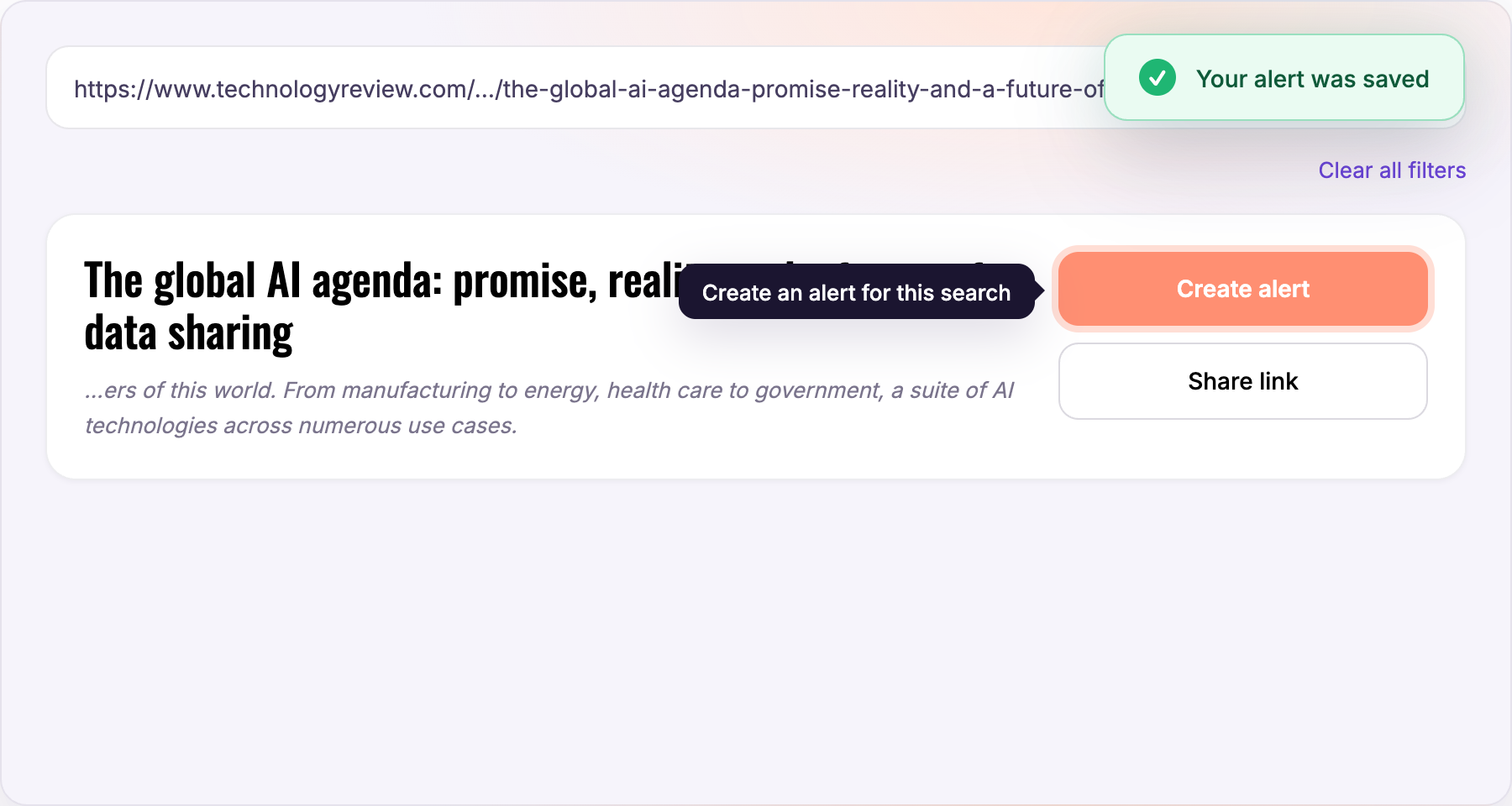 The Create alert button with a tooltip reading Create an alert for this search, and a confirmation reading Your alert was saved (Light mode)