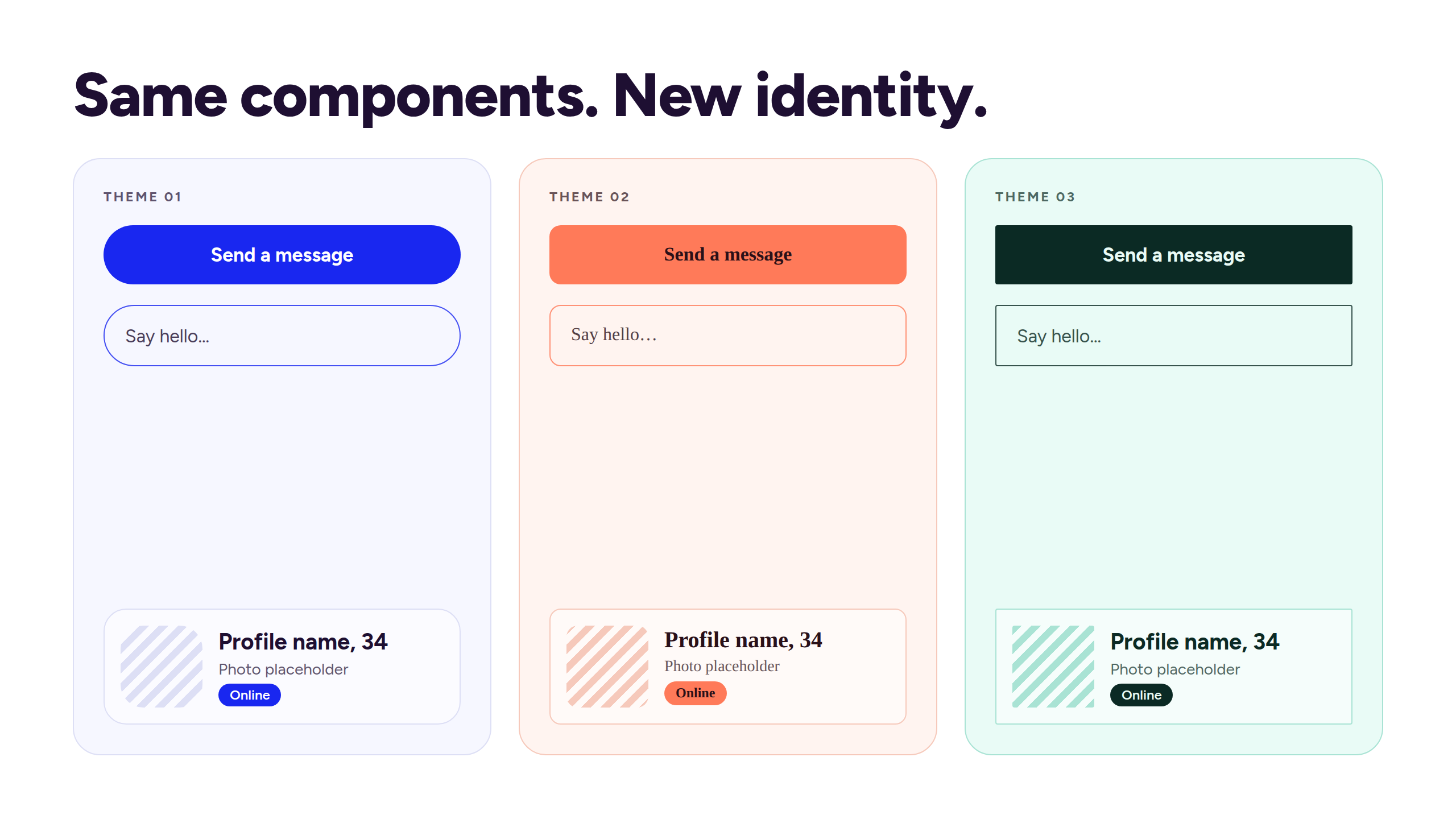 The same button, text field, and profile card shown in three themes