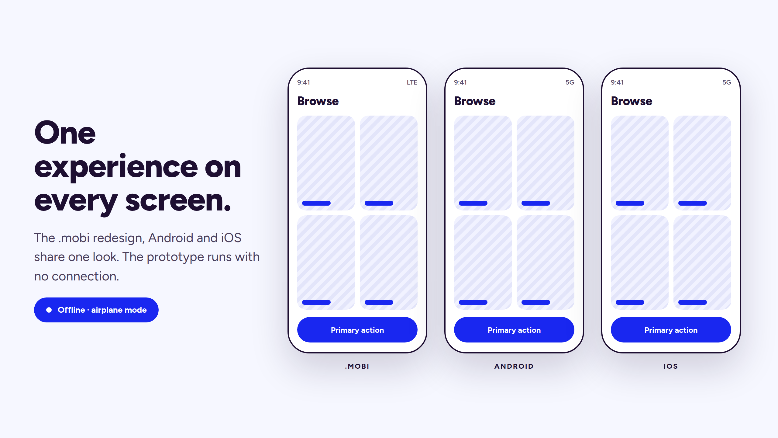 Three phones labeled .mobi, Android, and iOS showing the same Browse screen