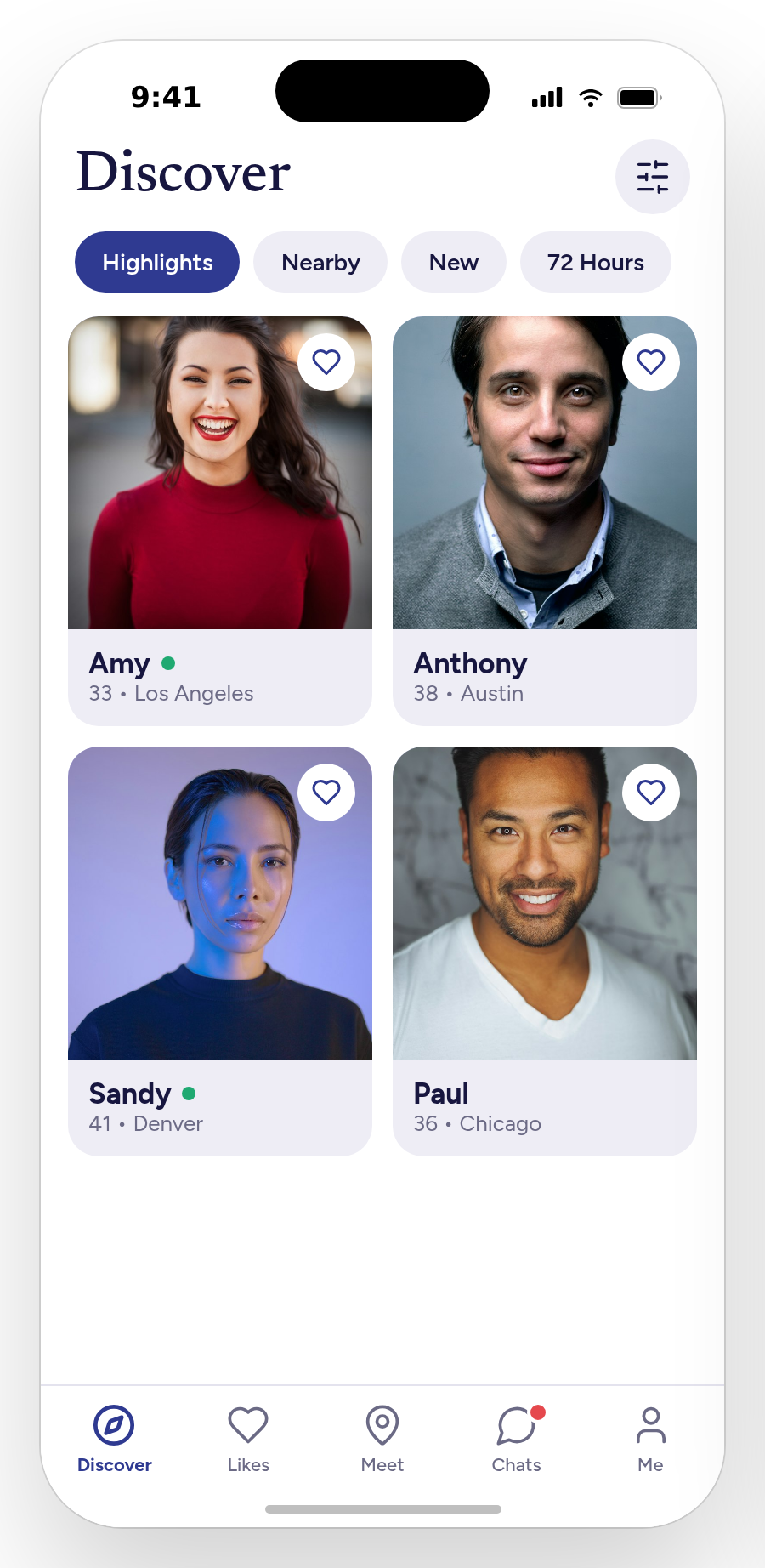 The Discover screen, with filters and a grid of members