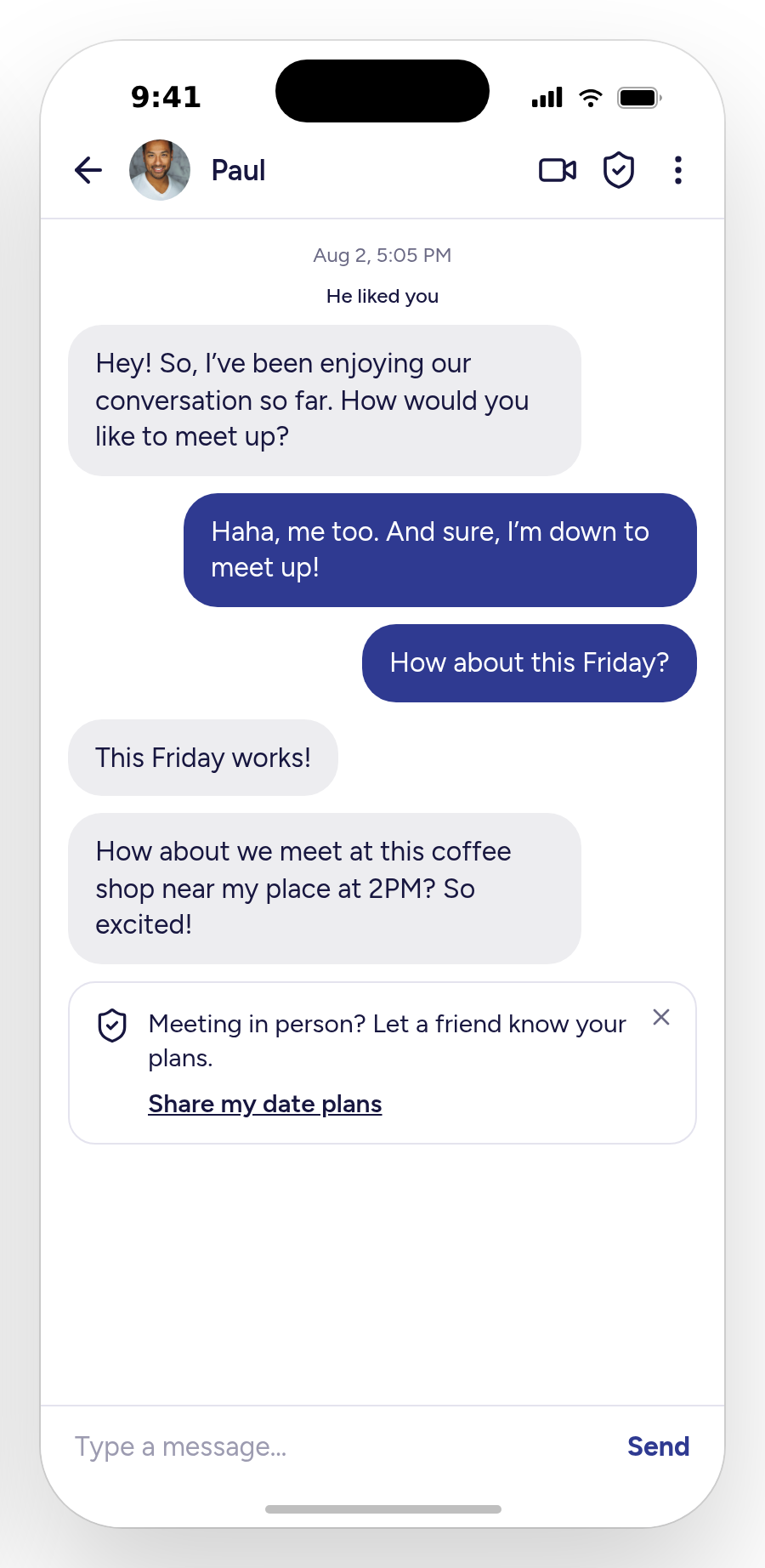 A conversation with a prompt to share date plans with a friend