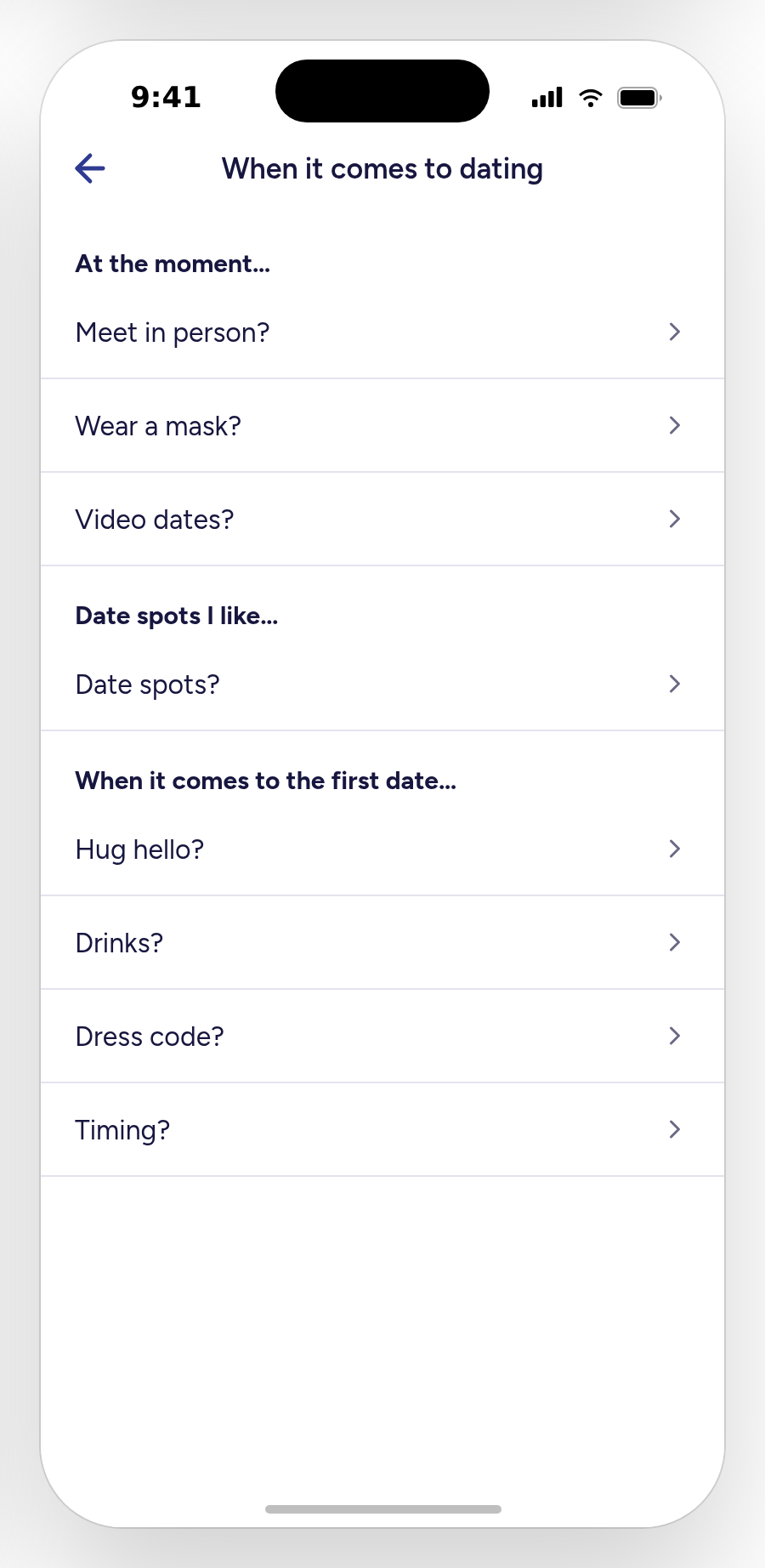 The list of dating preferences a member can answer