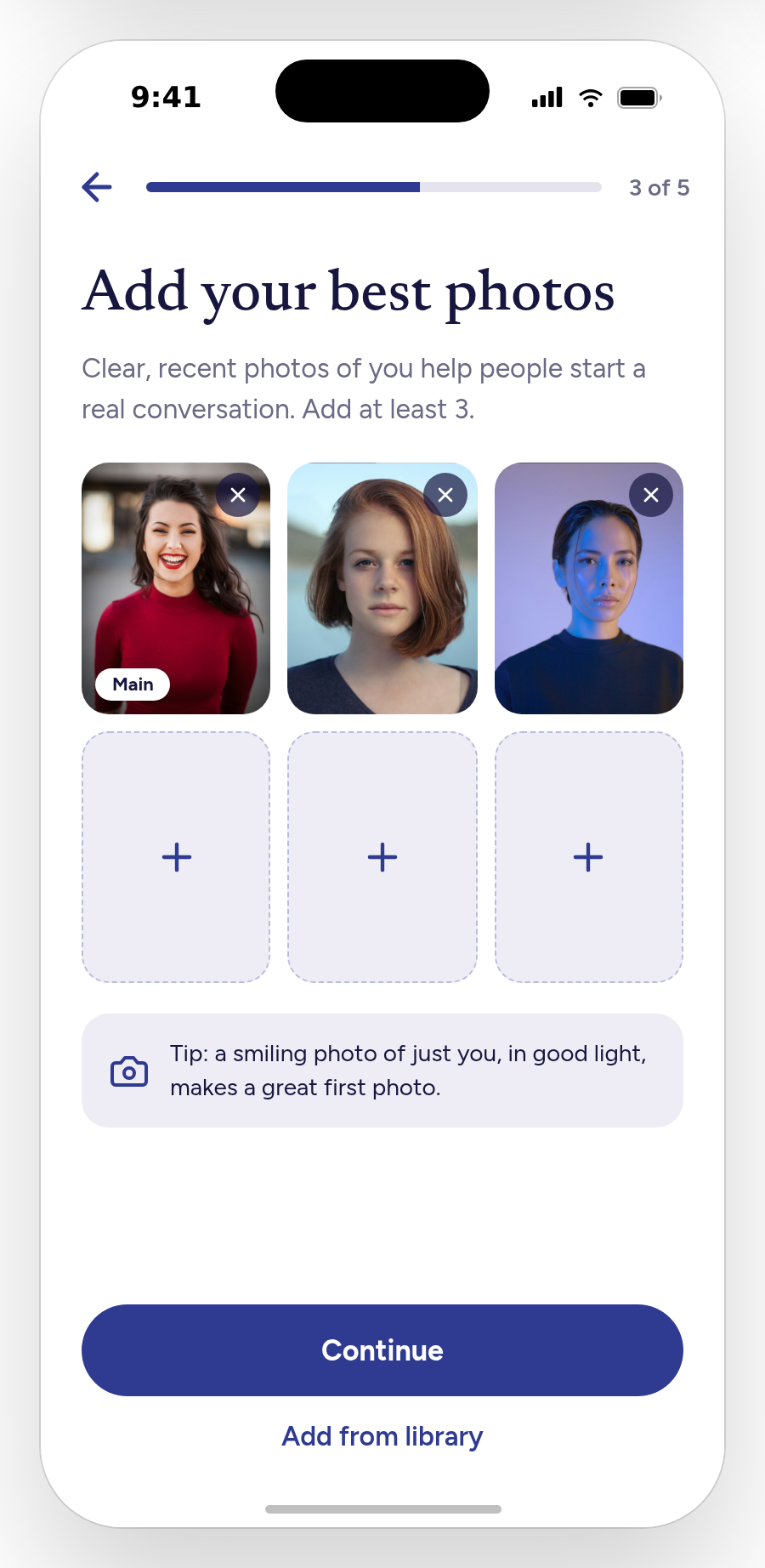 Onboarding step to add your best photos