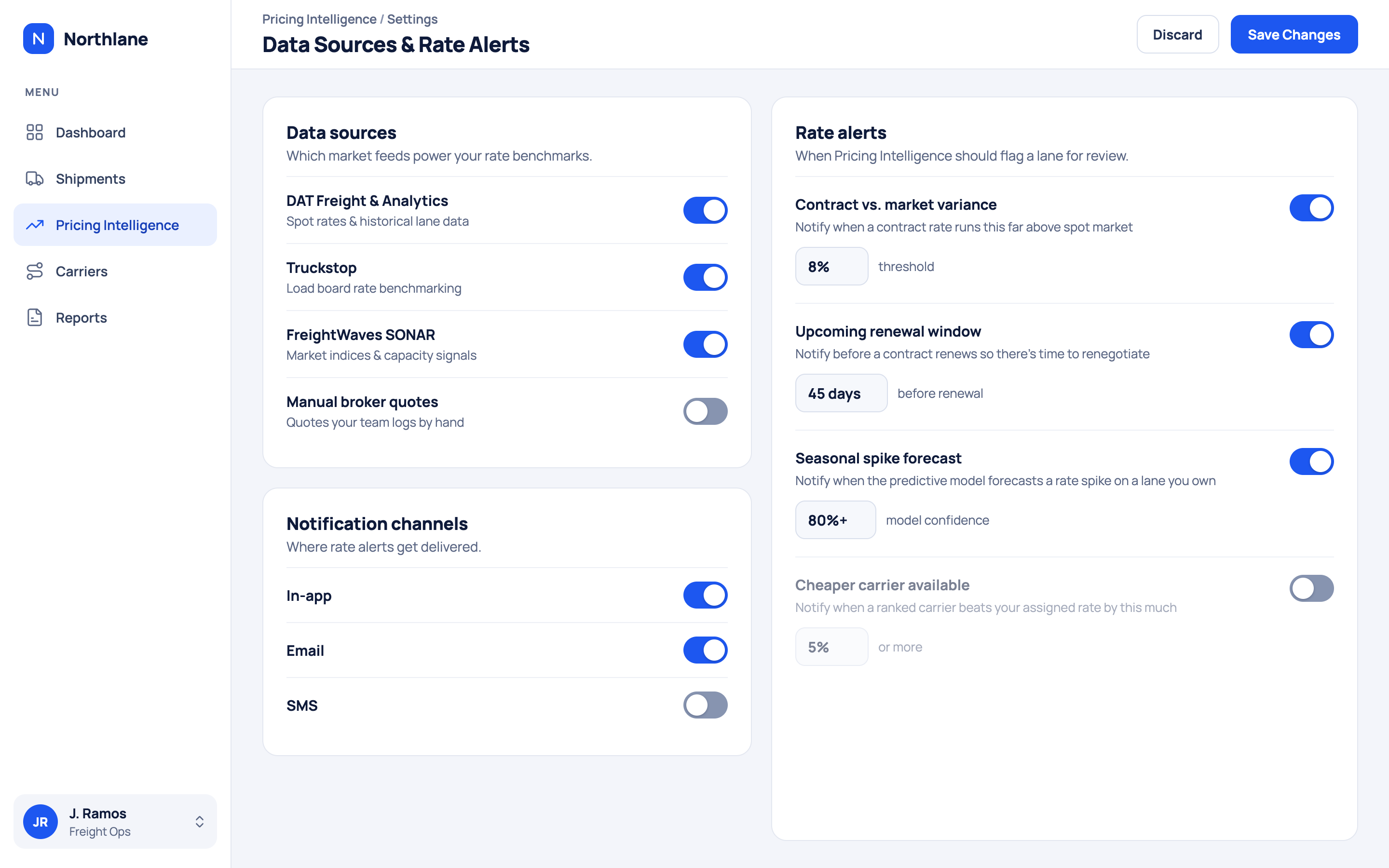 A data sources and rate alerts settings screen, toggling which market feeds power rate benchmarks and configuring thresholds for contract variance, renewal, and seasonal spike alerts