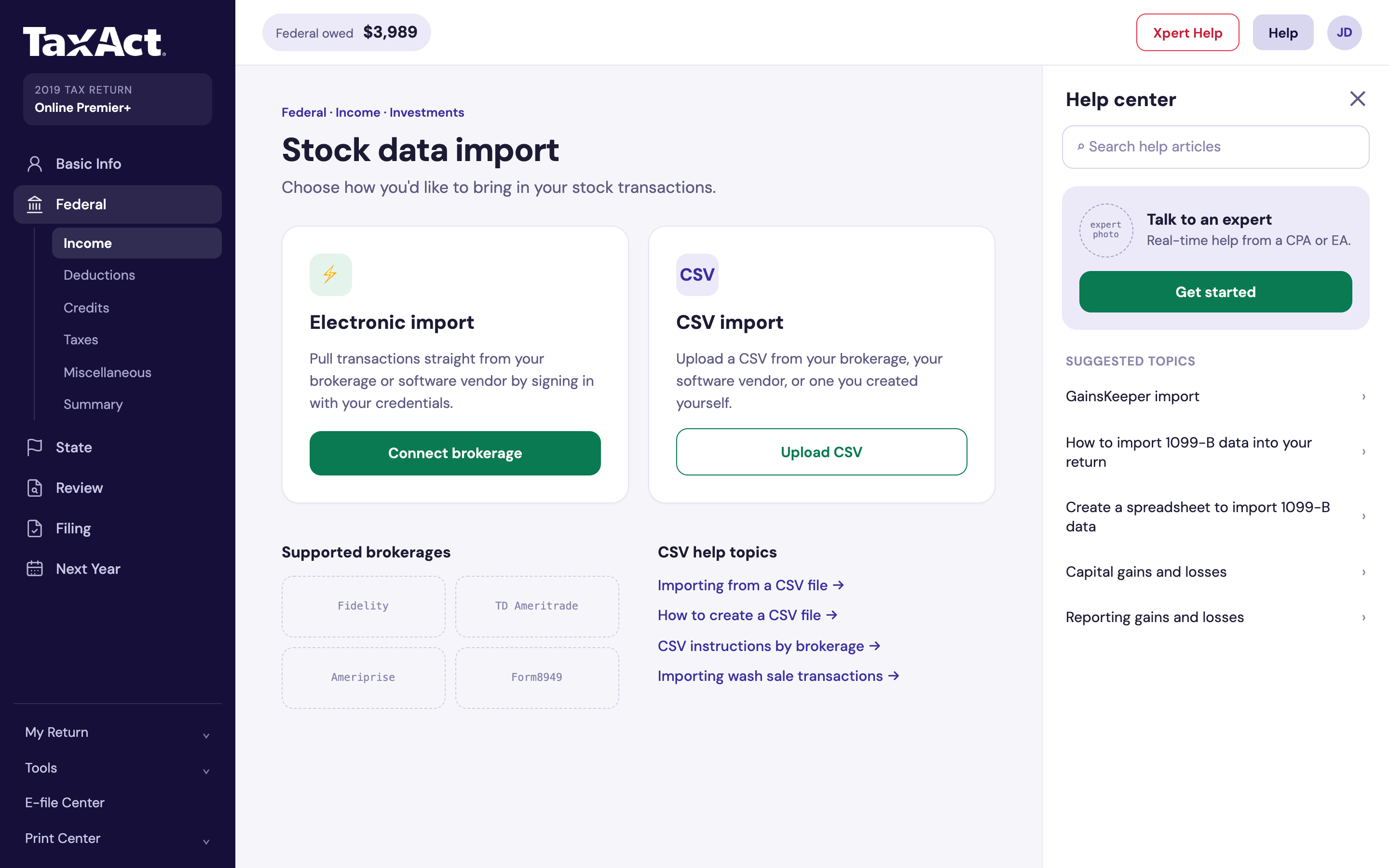The stock data import screen, offering electronic import through a brokerage or a CSV upload, with a list of supported brokerages and help topics