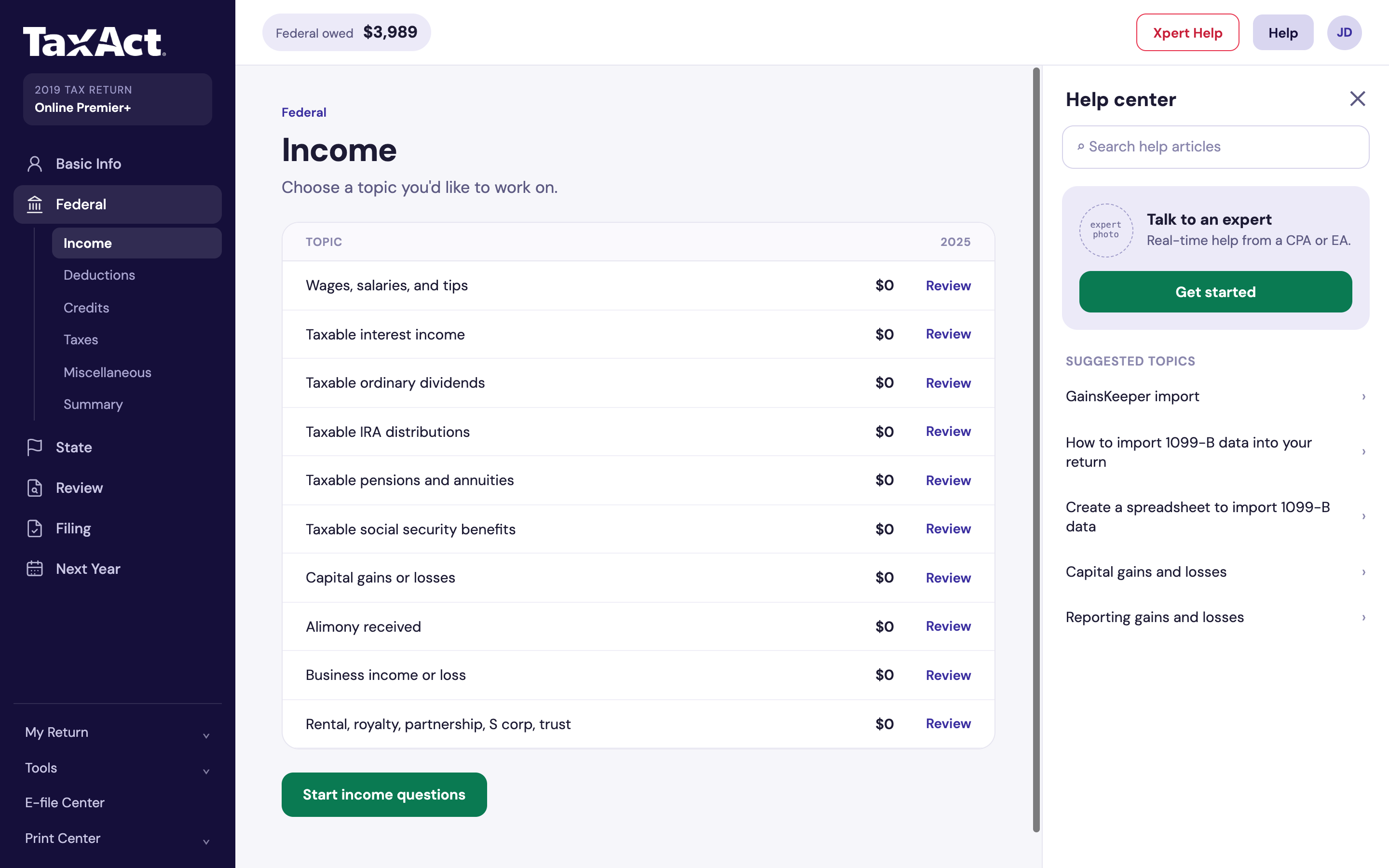 The Income overview, a list of income topics with their amounts and a Review link on each, beside a Help center panel
