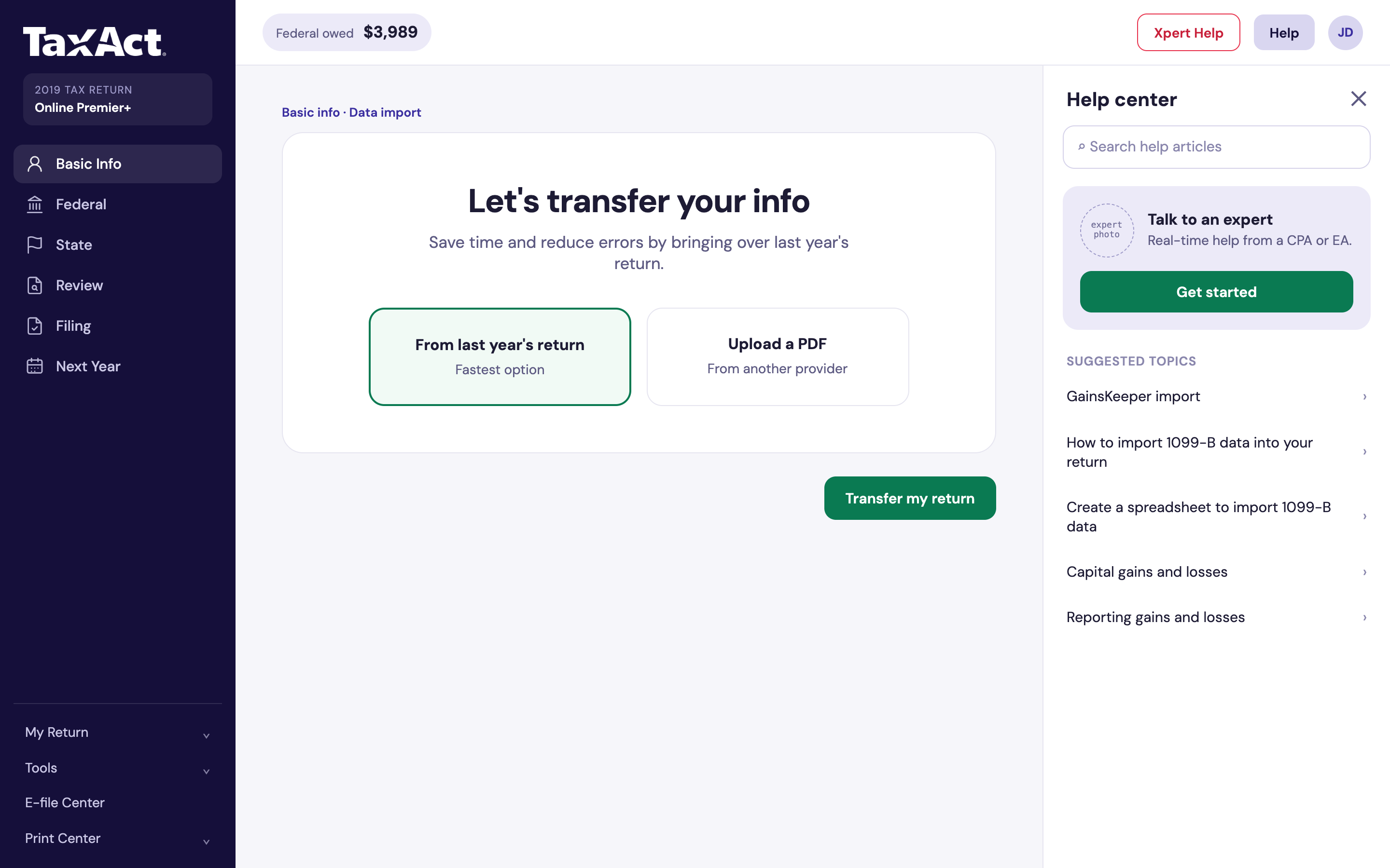 A screen titled "Let's transfer your info," offering to start from last year's return or upload a PDF from another provider
