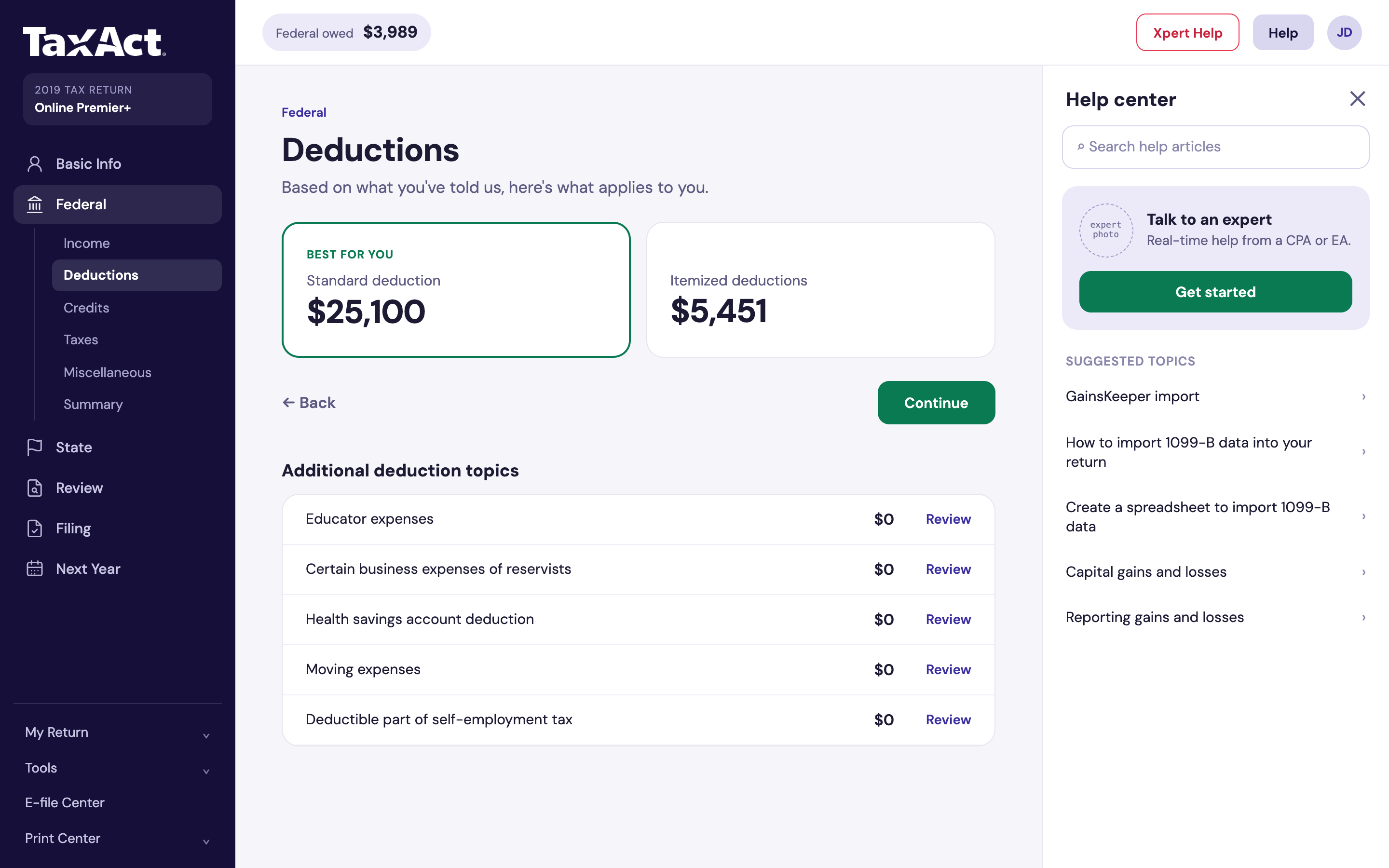 The Deductions screen, comparing the standard deduction of $25,100 with itemized deductions of $5,451, with a best for you label on the standard deduction