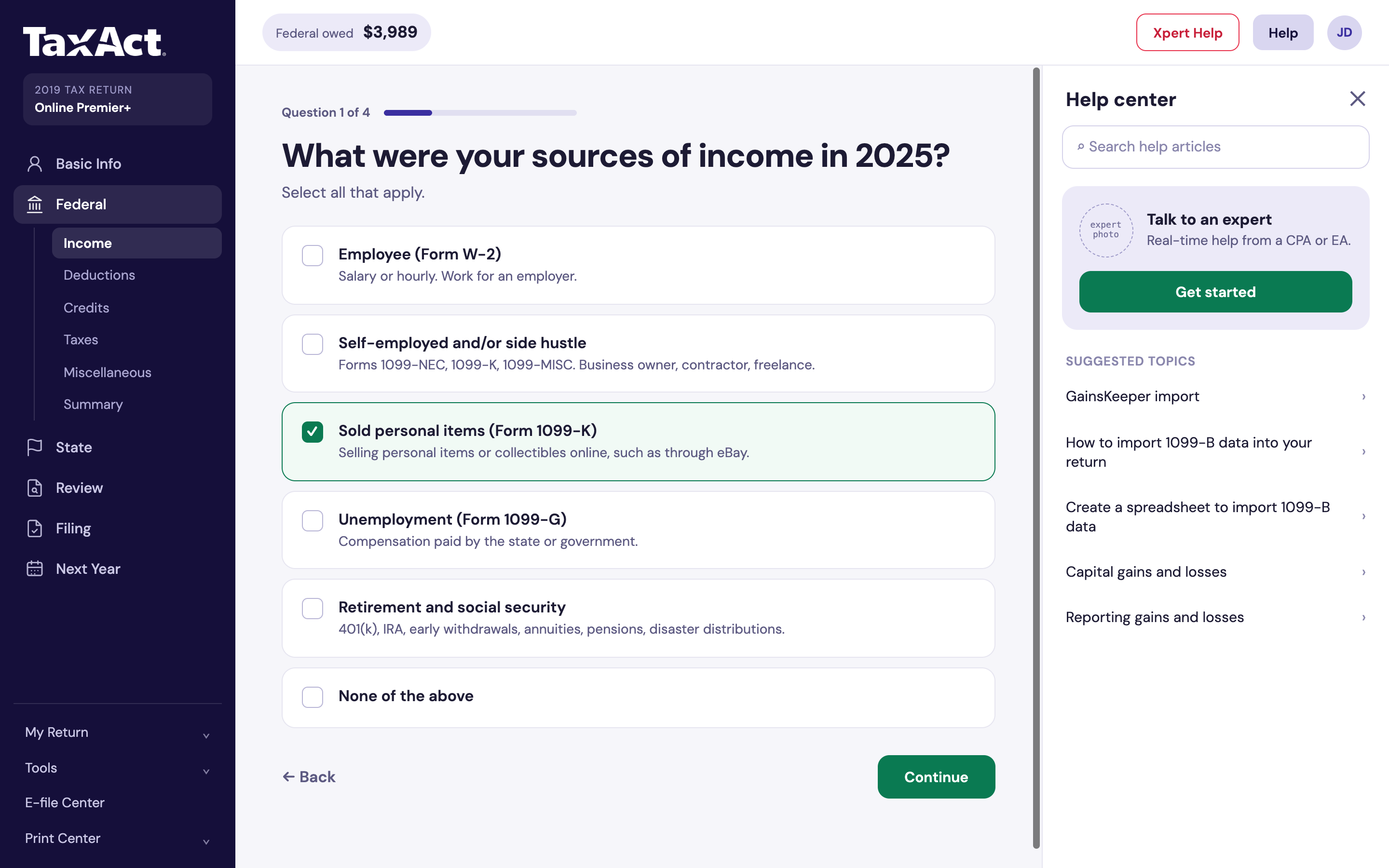 The question "What were your sources of income?" with a checklist of income types, a progress marker reading question 1 of 4, and a Help center panel offering to talk to an expert