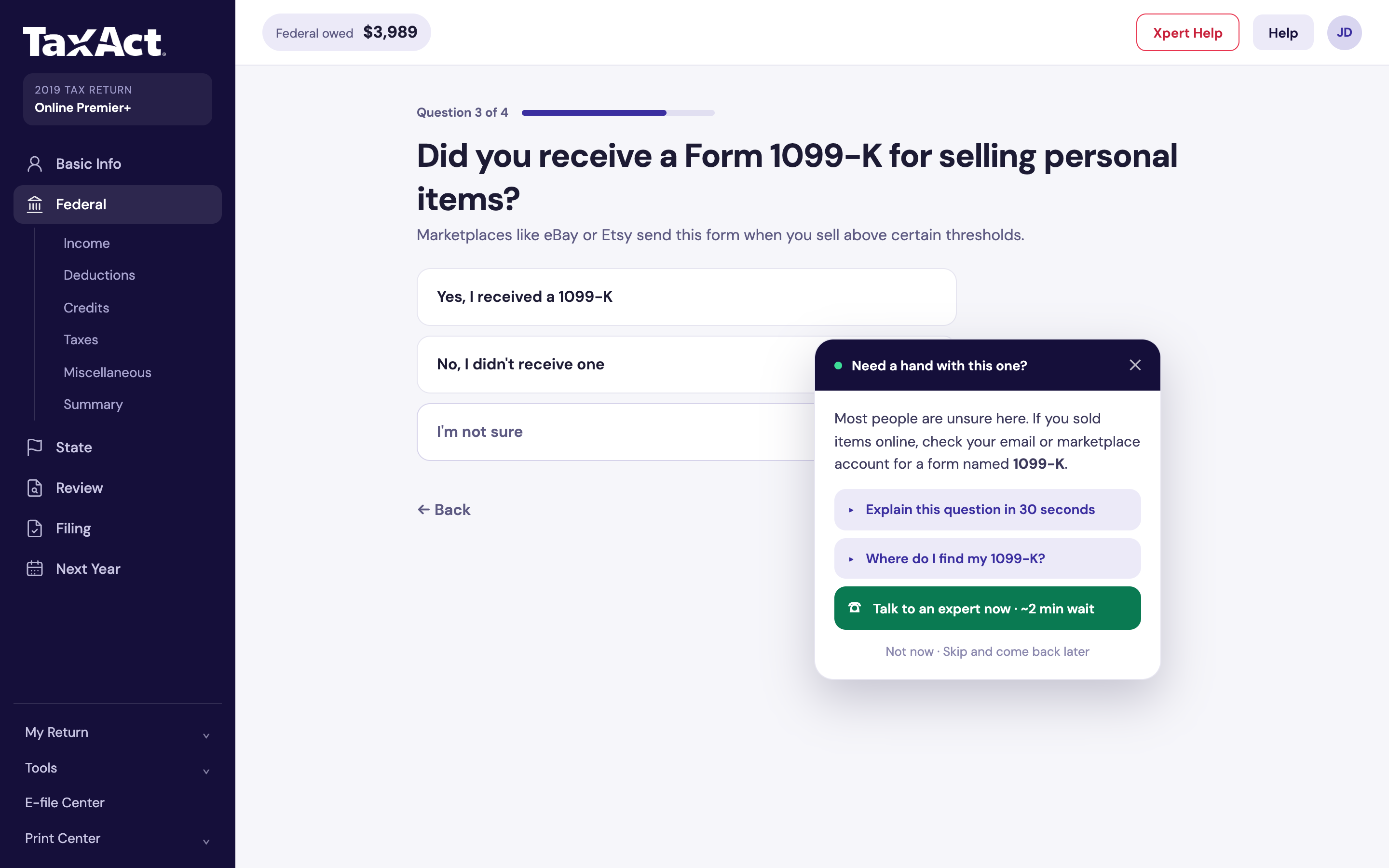 A question about Form 1099-K with a prompt reading "Need a hand with this one?", offering a 30 second explanation, a way to find the form, and a button to talk to an expert now with a two minute wait