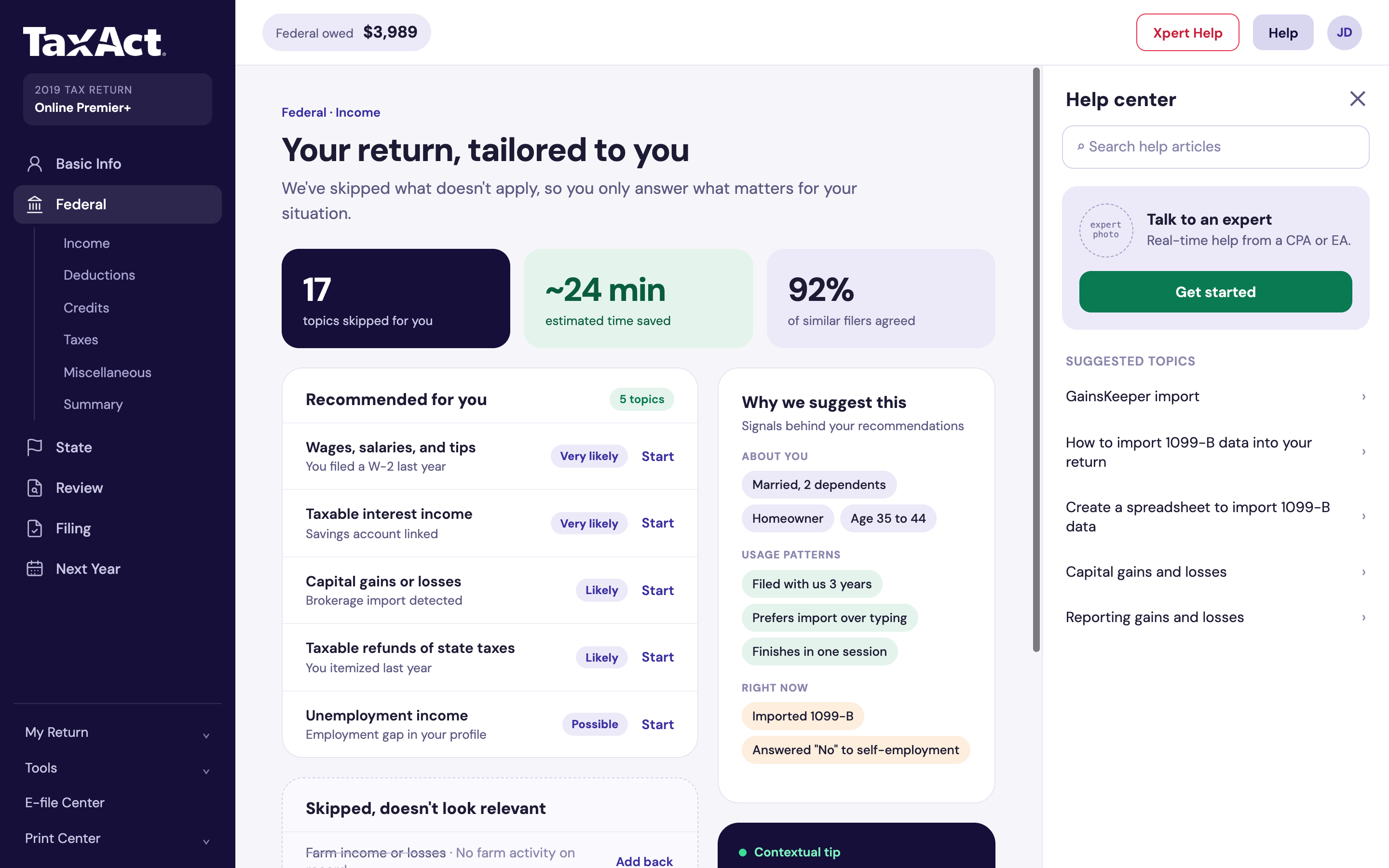 A screen titled "Your return, tailored to you," showing 17 topics skipped, an estimated 24 minutes saved, a recommended list of topics with reasons, and a list of skipped topics that can be added back