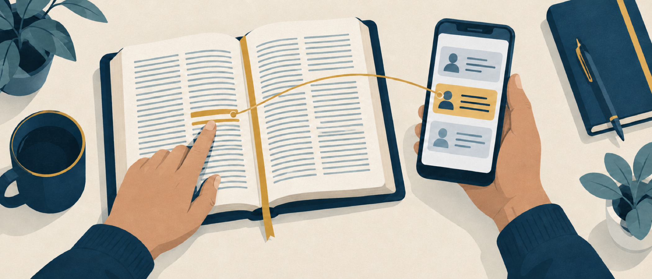 A reader compares a message on a smartphone with a highlighted passage in an open Bible