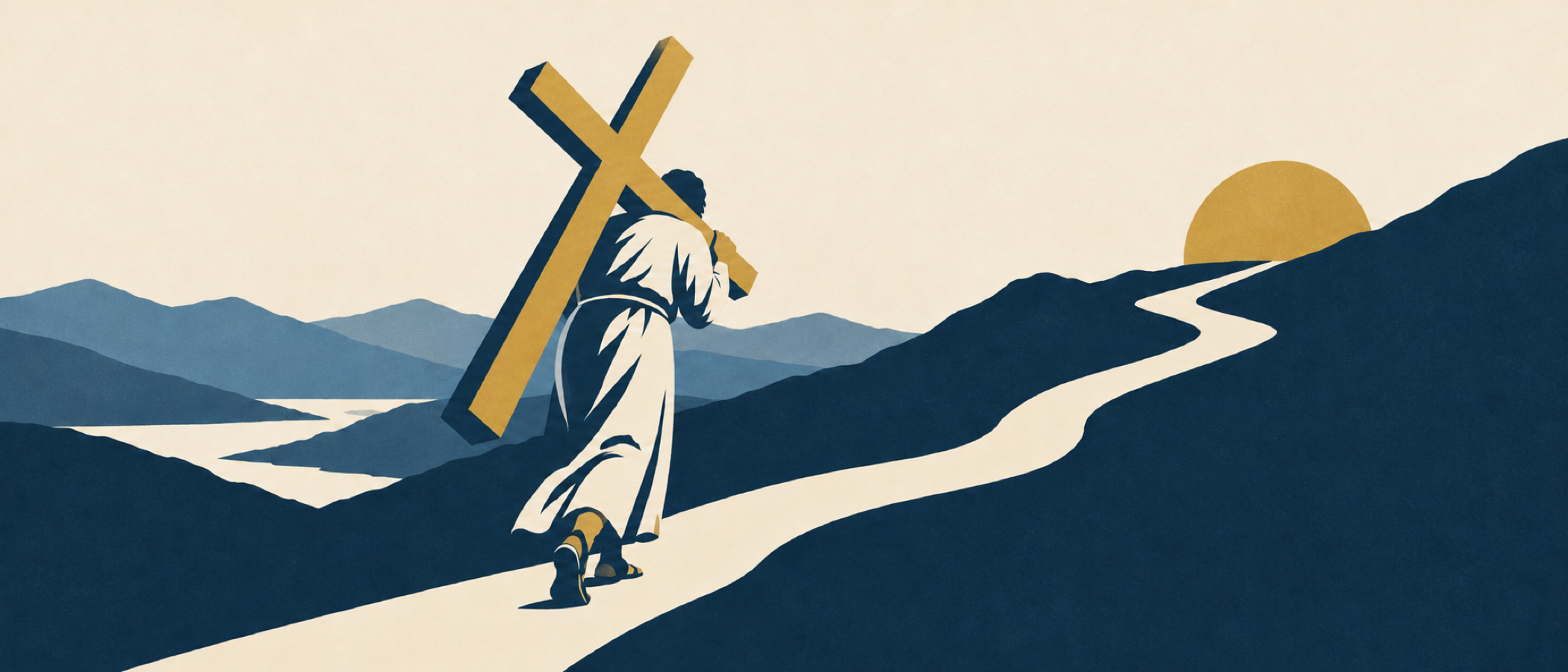 A figure carries a wooden cross uphill toward gold light